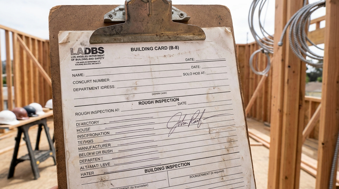 LADBS Building Card signed by inspector at rough inspection for Canoga Park remodel project.