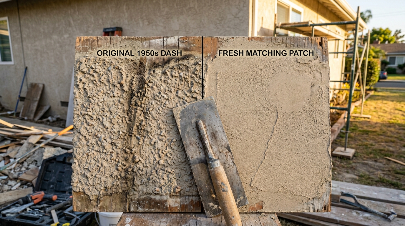 Stucco texture sample board showing original 1950s dash finish next to new matching stucco patch.
