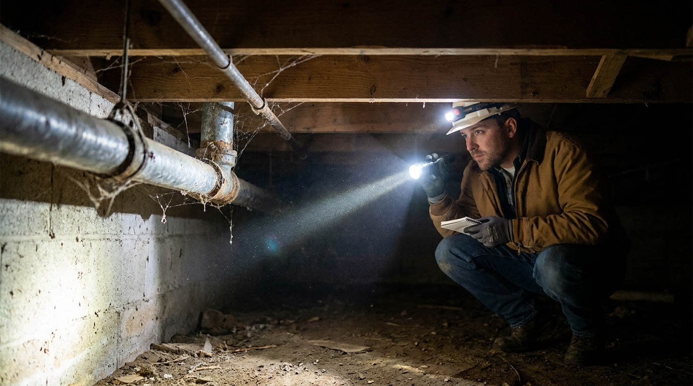 Contractor walking through older Canoga Park home crawlspace with flashlight inspecting floor framing and plumbing.