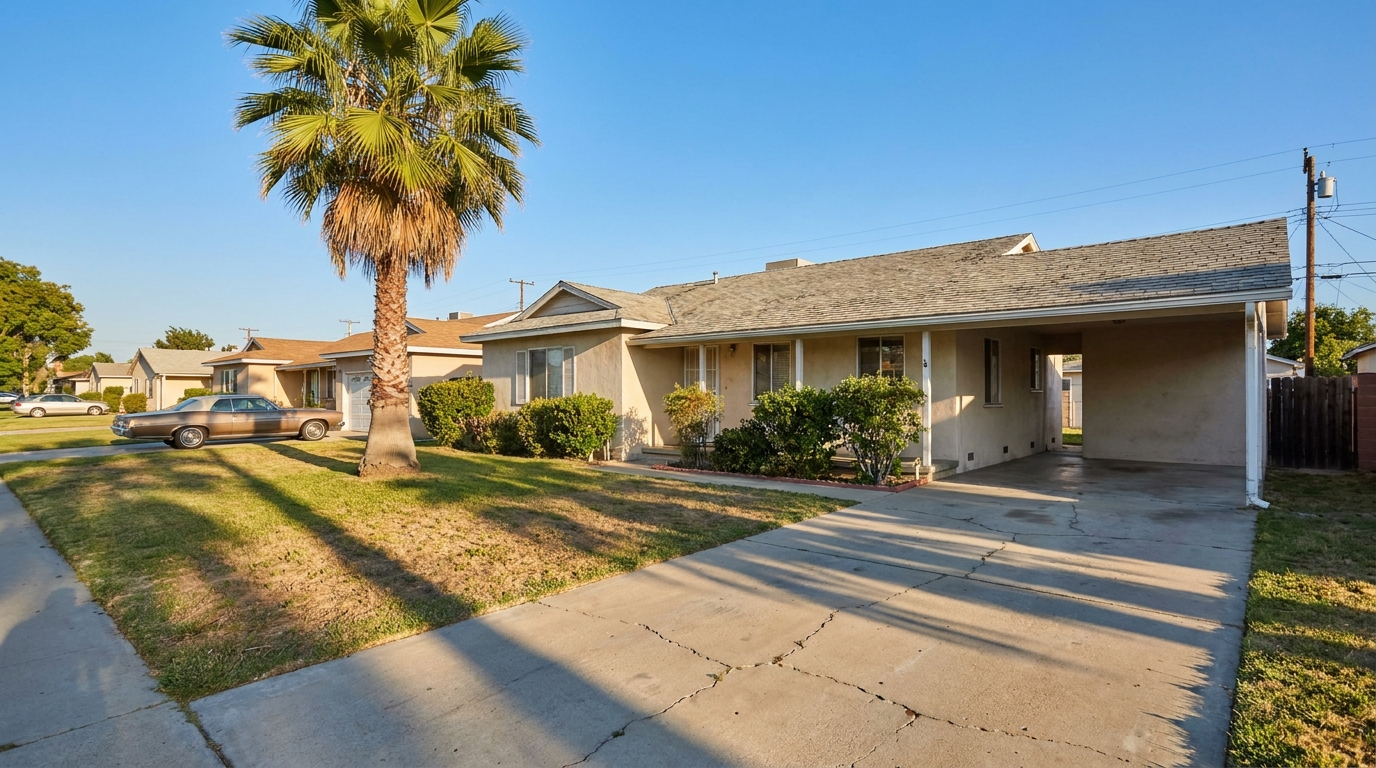 Post-war tract home in Canoga Park with stucco exterior and composition shingle roof under clear San Fernando Valley sky.