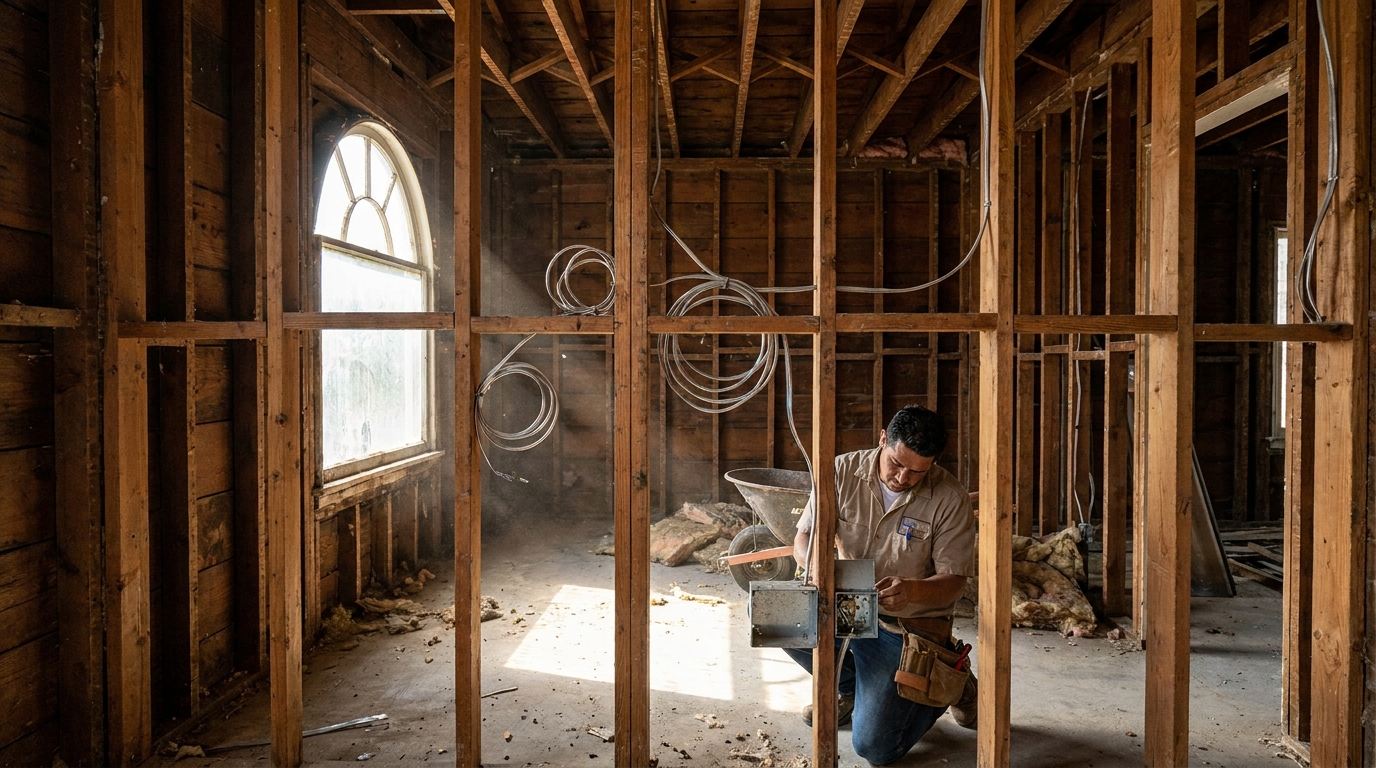 Contractor inspecting exposed wall framing and aluminum wiring in an older Chatsworth home during renovation walkthrough.