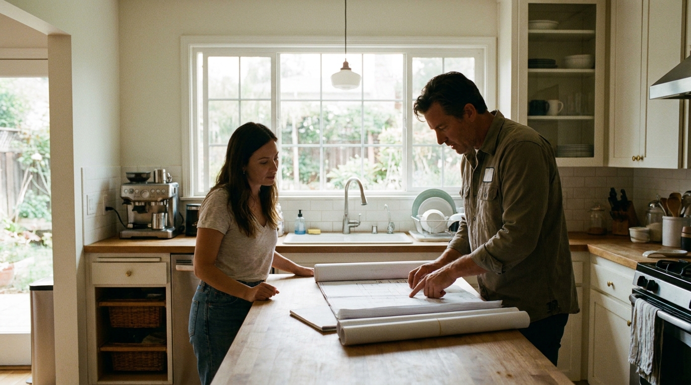 Contractor and homeowner reviewing renovation plans and permit documents on a kitchen counter in a Chatsworth home.