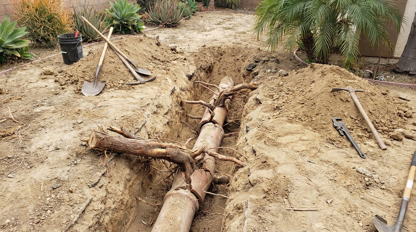 Exposed clay sewer lateral pipe with visible root intrusion during older-home renovation in Chatsworth.
