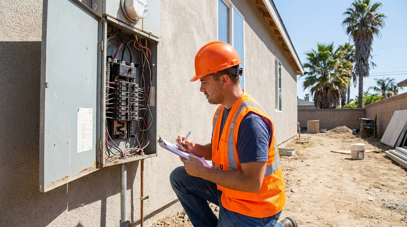 LADBS inspector reviewing electrical panel and grounding during Rough inspection in a Chatsworth older-home renovation.