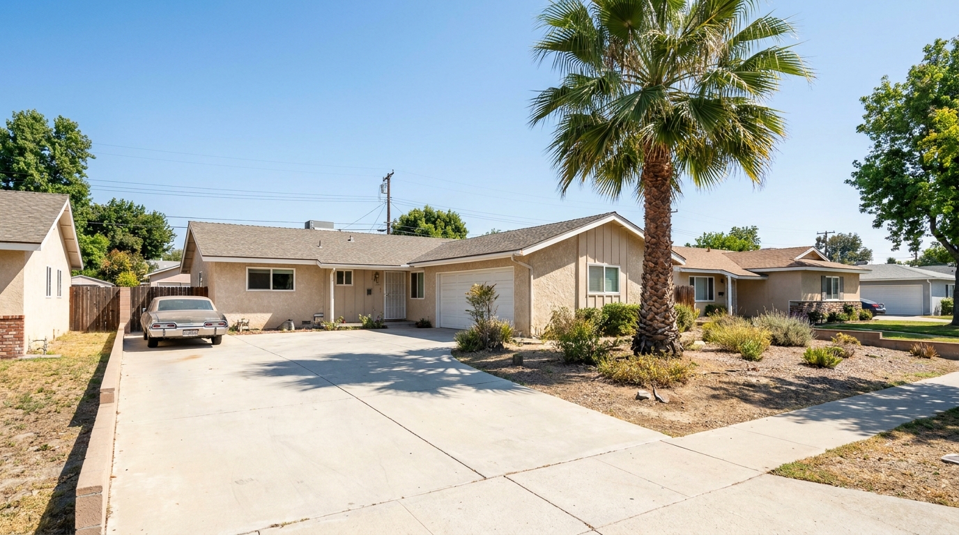 Post-war single-family home in Chatsworth with stucco exterior and mature landscaping under bright Southern California sunlight.