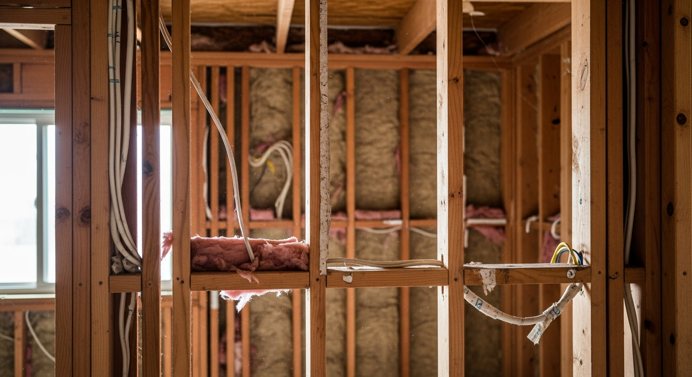 Exposed wall framing in older Encino home showing dimensional lumber studs and outdated insulation during remodel discovery phase.