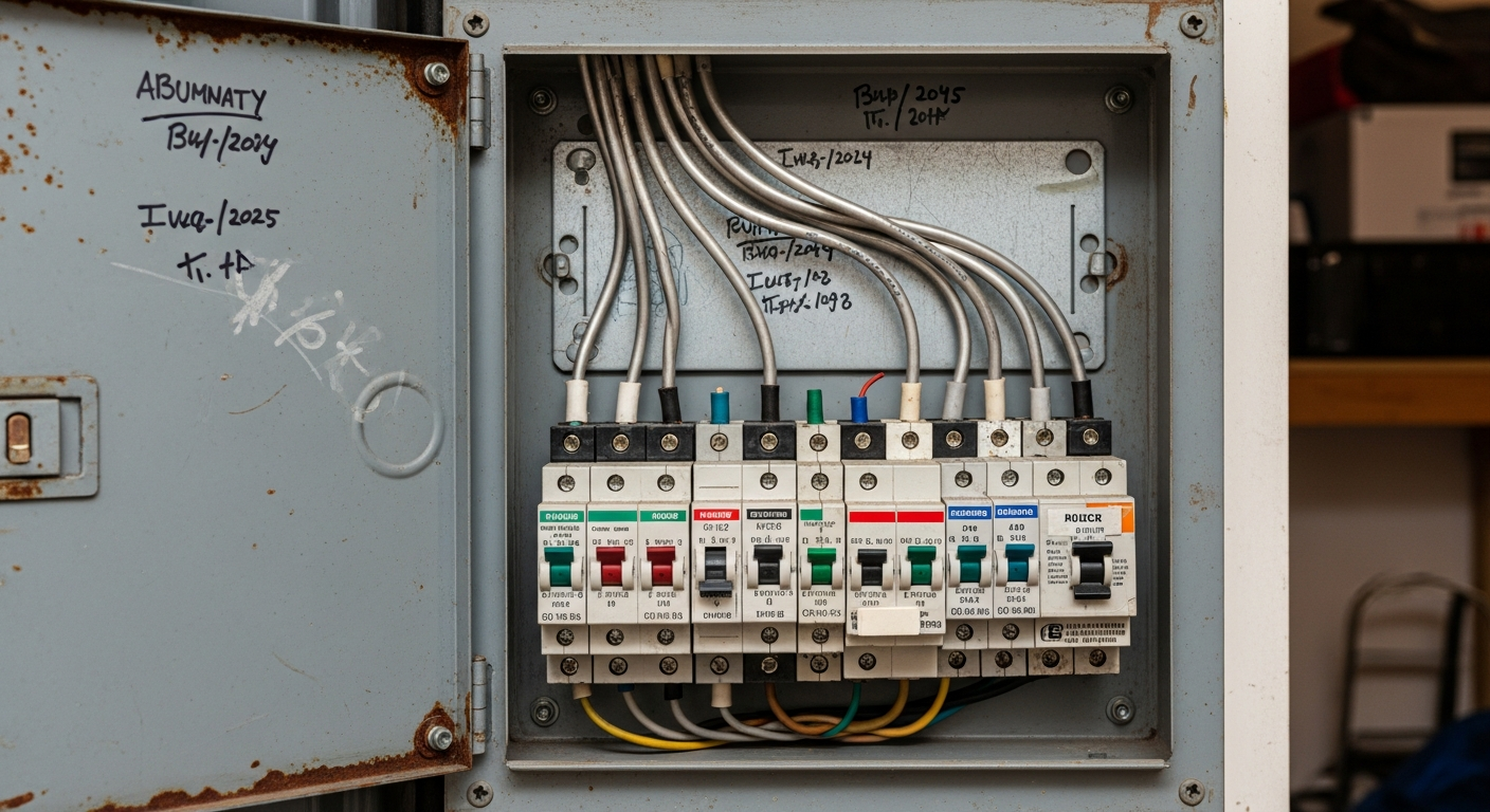 Older electrical panel with aluminum wiring and outdated breakers in Encino home garage before upgrade to modern load center.