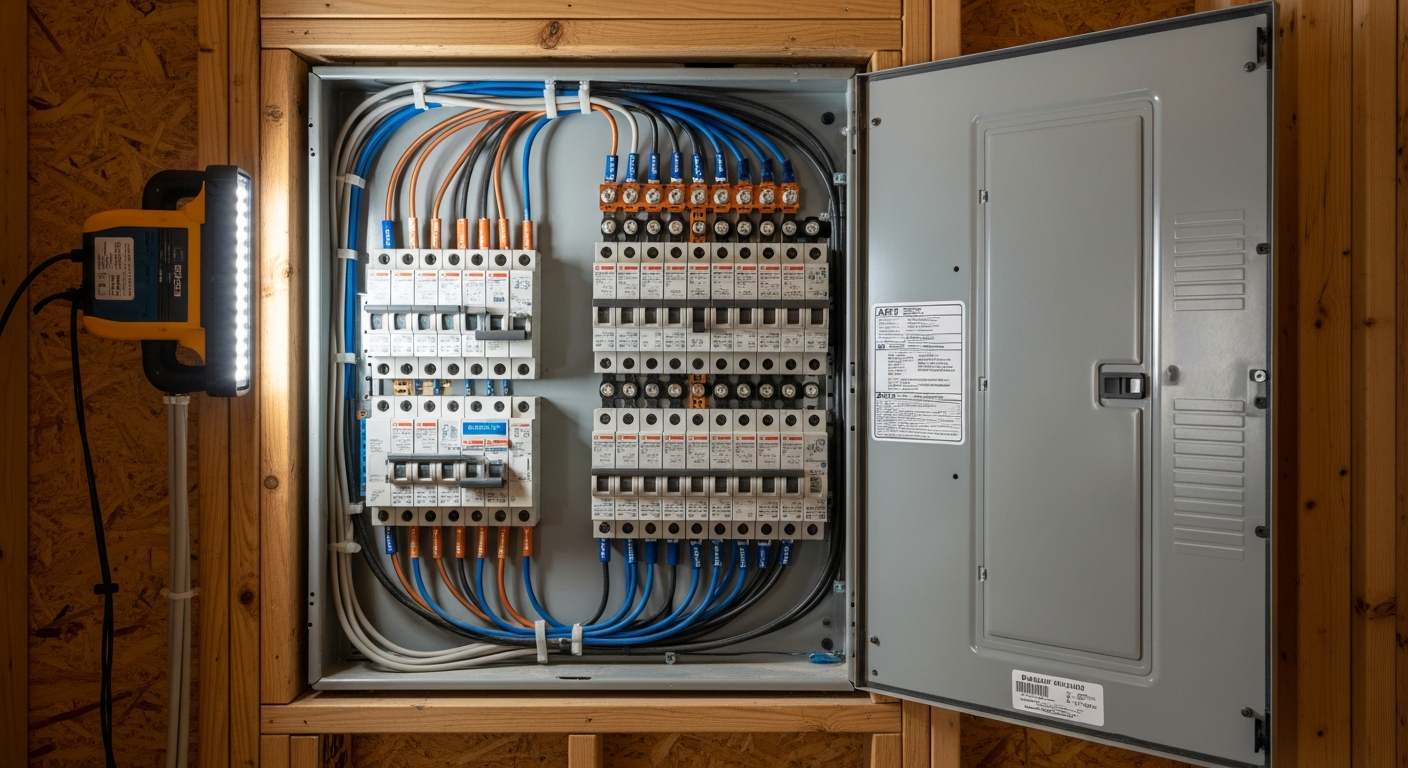 Modern 200-amp electrical panel installation in older Encino home with copper wiring and AFCI breakers during remodel rough-in phase.