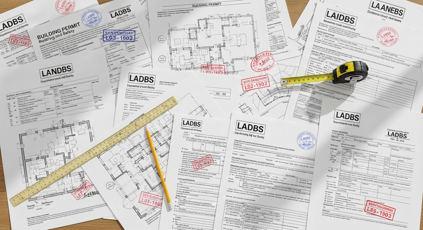 LADBS permit documents and architectural plans spread on contractor's work table for older Encino home remodel project.