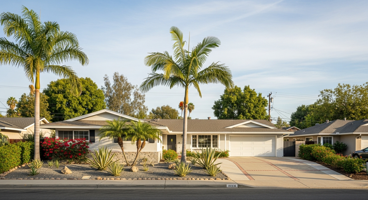 Post-war single-story home in Encino with mature landscaping and original stucco exterior under California afternoon light.
