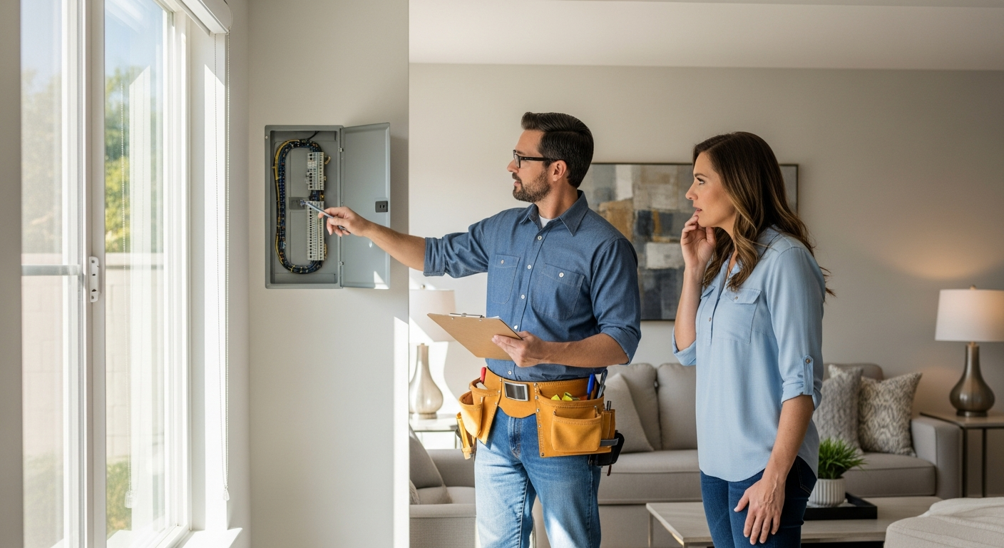 Licensed contractor reviewing electrical panel and permit documents with homeowner in a Northridge living room during pre-construction walkthrough.