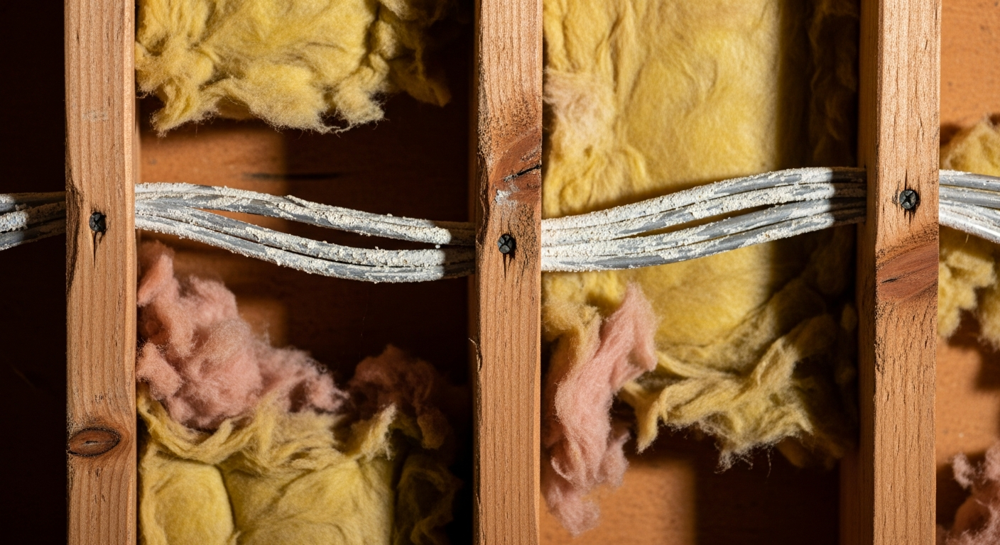 Opened wall cavity in a 1970s Northridge home revealing aluminum wiring and fiberglass insulation during permitted remodel.