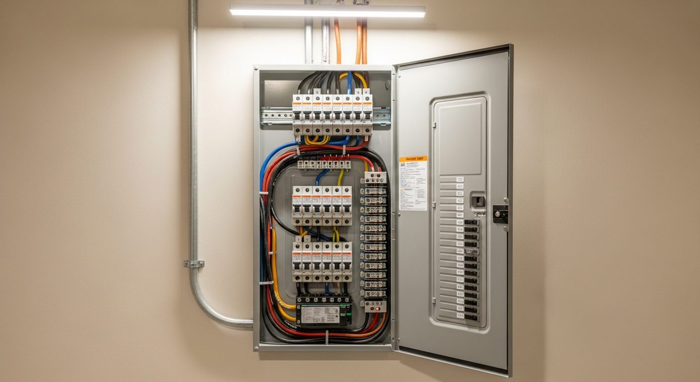 New 200-amp electrical panel installation in a Northridge garage with labeled breakers and grounding electrode visible on the wall.