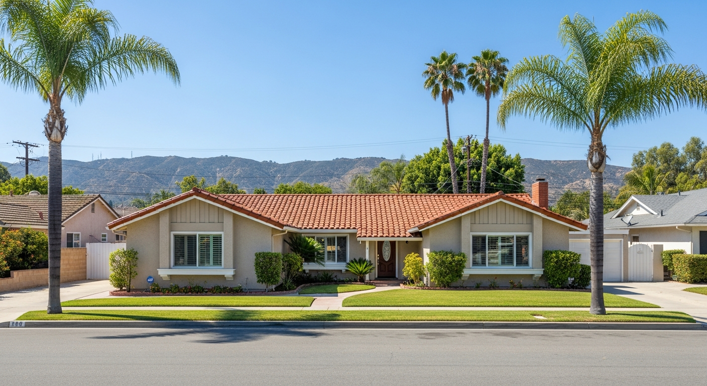 Single-story wood-frame home with stucco exterior and Spanish tile roof in a Northridge residential neighborhood under bright San Fernando Valley sunlight.