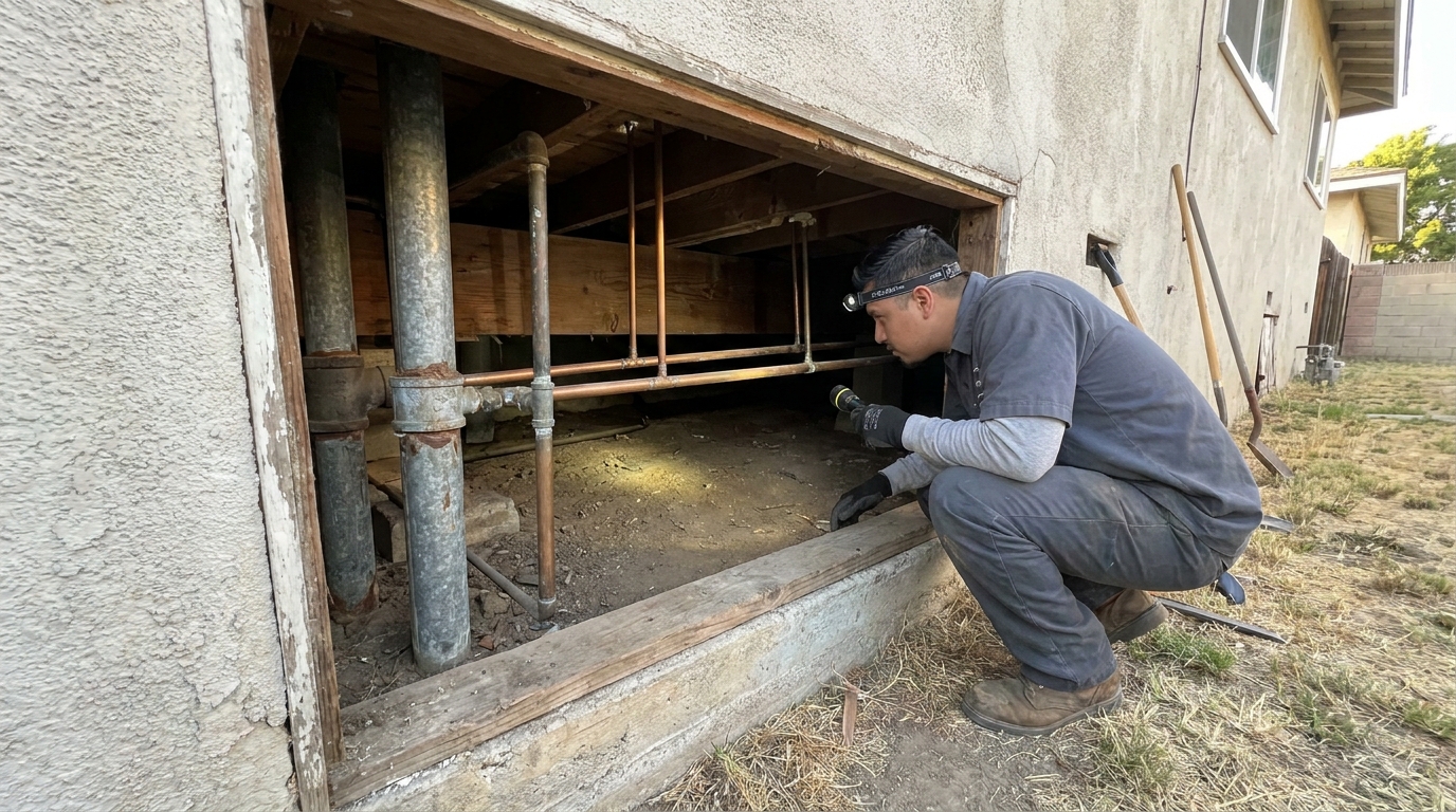 Contractor inspecting crawlspace access under older Reseda home with raised foundation and visible plumbing.