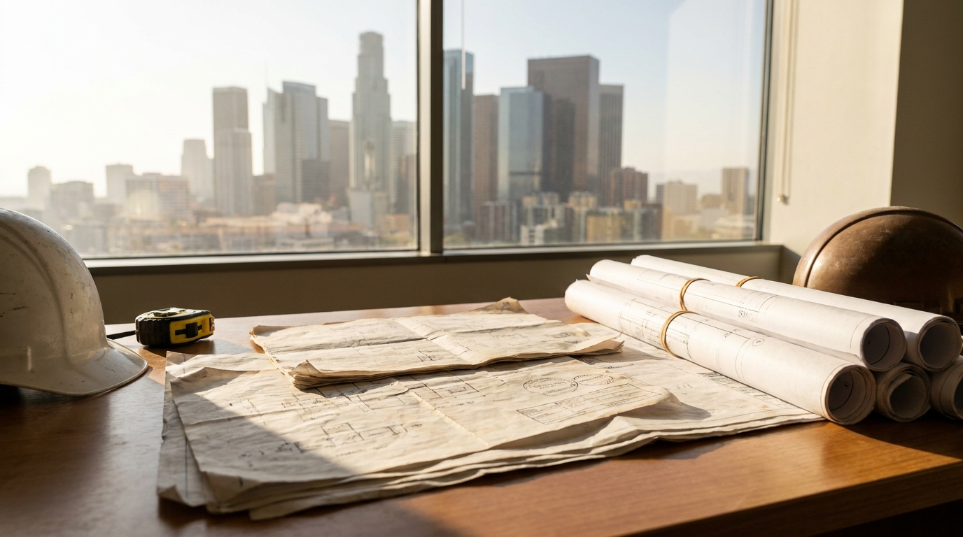 LADBS permit application documents and construction plans on contractor's desk with Los Angeles skyline visible through window.