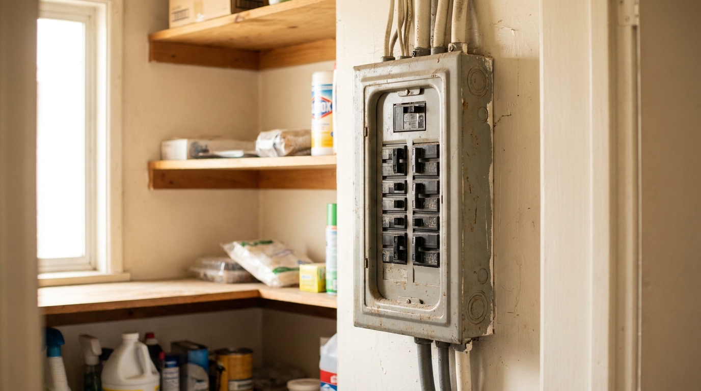 Older electrical panel with breaker switches in Reseda home during renovation walkthrough.