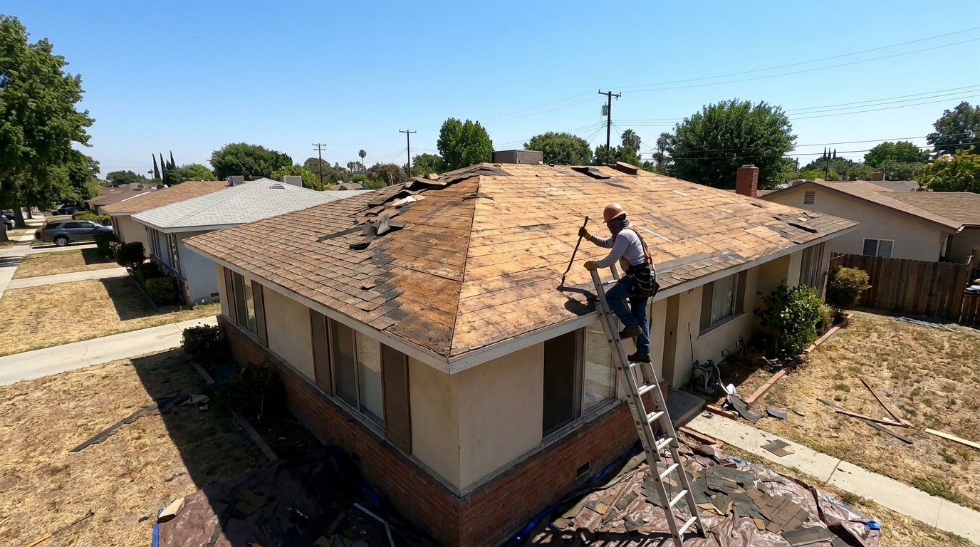 Composition shingle roofing removal on Reseda ranch home with exposed sheathing and contractor on ladder.