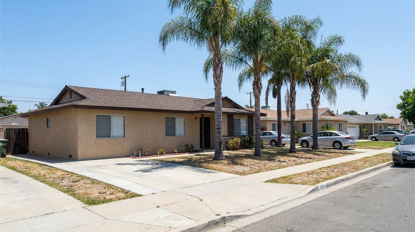Single-story ranch home in Reseda with composition roofing and mature landscaping under bright California sun.
