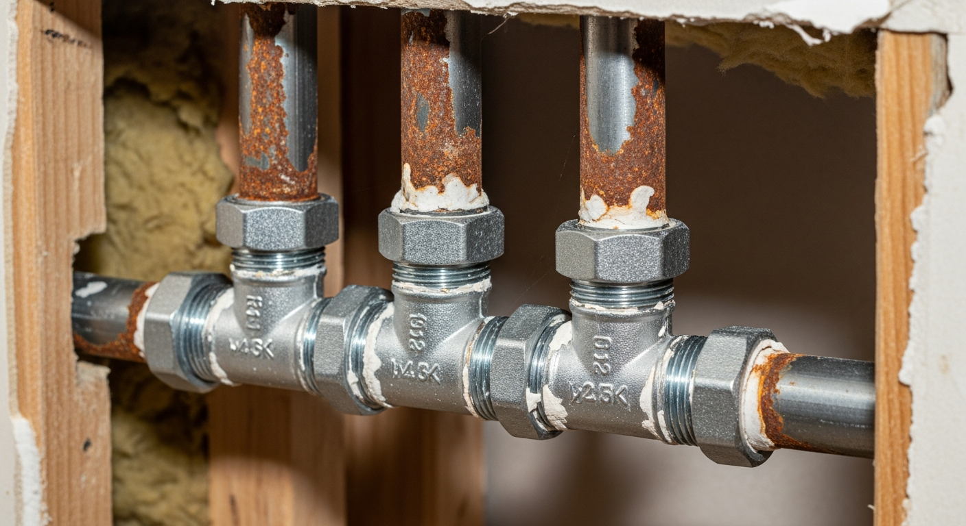 Exposed galvanized steel water supply pipes in wall cavity during Tarzana kitchen remodel showing interior corrosion and scale buildup.