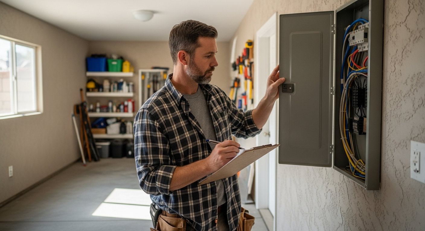 Licensed contractor inspecting electrical panel and aluminum branch-circuit wiring in older Tarzana home during pre-construction walkthrough.
