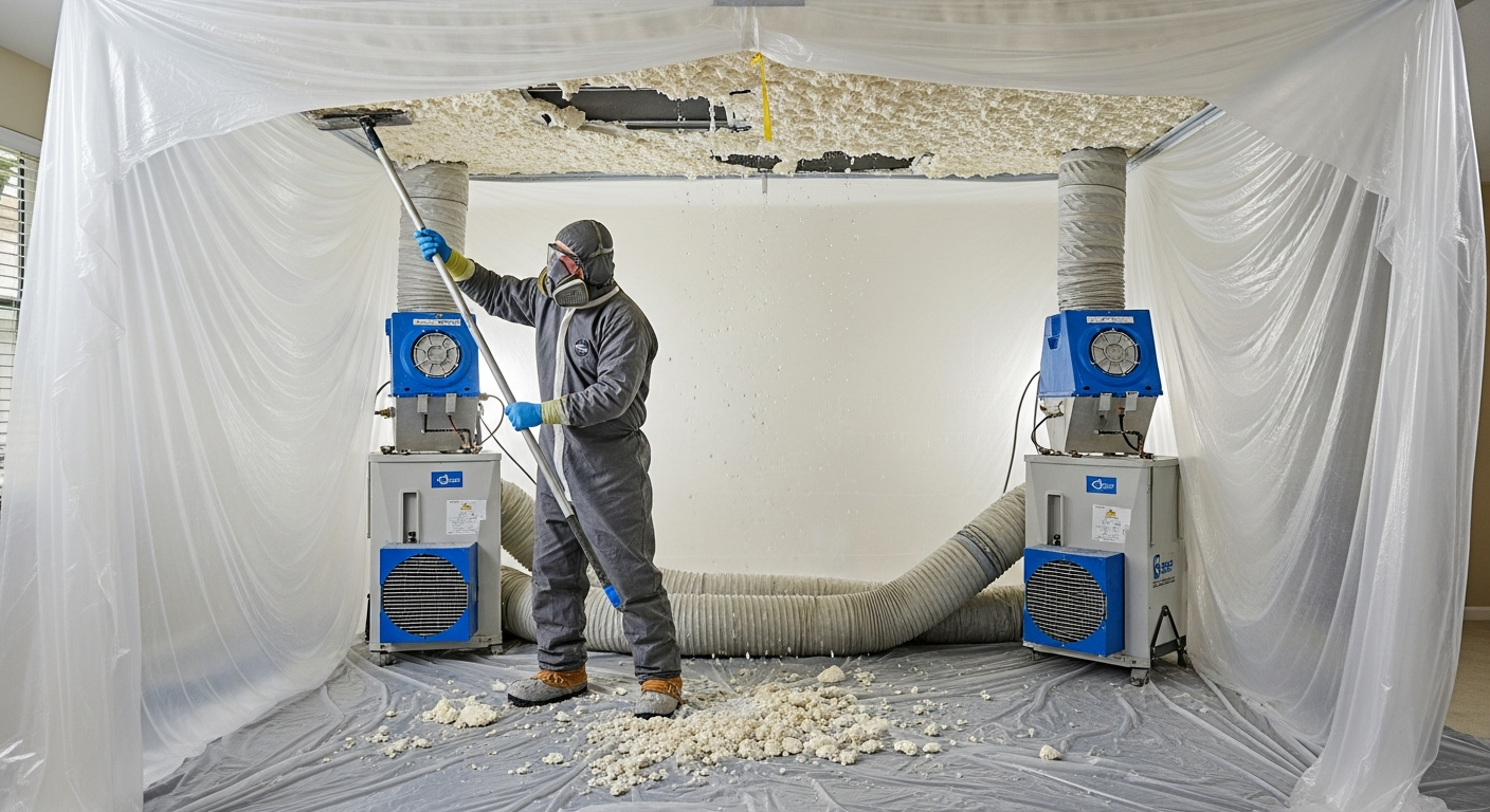 Certified asbestos abatement contractor removing popcorn ceiling in sealed work area with HEPA filtration in Tarzana home.