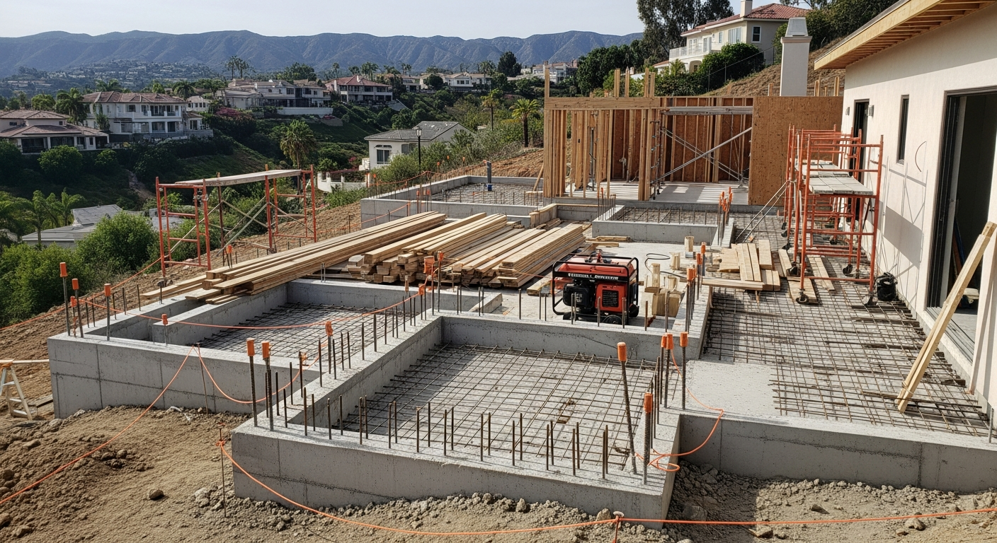 Tarzana hillside home with exposed foundation and geotechnical survey markers during permitted addition and structural upgrade.