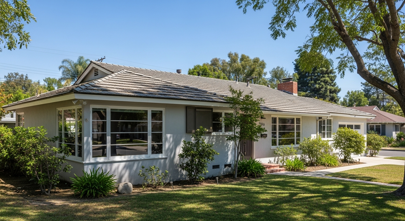 Single-story ranch home in Tarzana with original steel casement windows and composition shingle roof under San Fernando Valley sunlight.