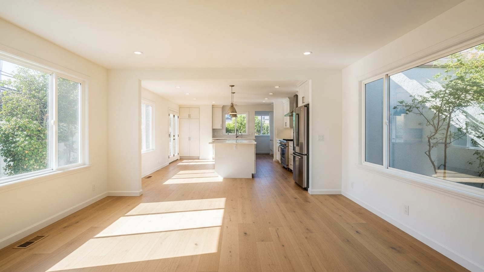 A bright open-concept living room and kitchen in a Los Angeles home with oak floors and large windows.