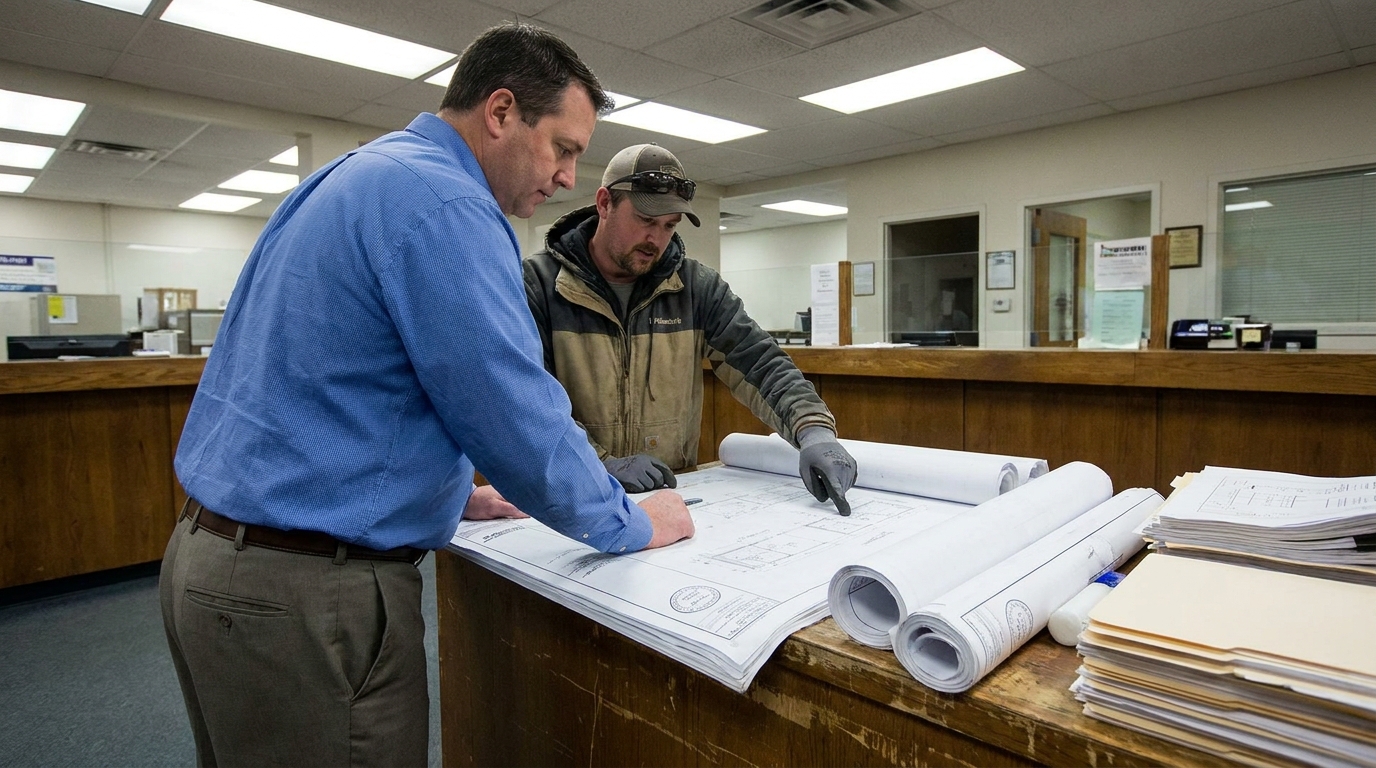 LADBS plan-check examiner reviewing stamped structural drawings at counter with contractor during permit walkthrough appointment in Los Angeles.