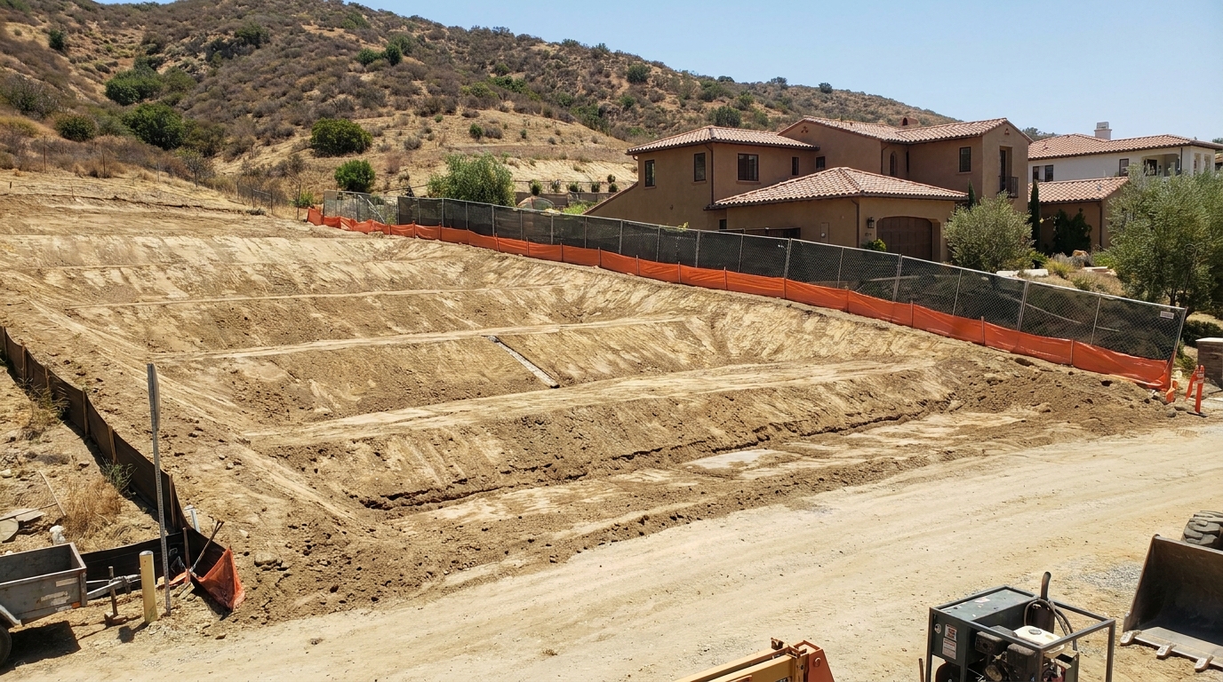 Tarzana home exterior showing hillside grading and drainage work prepared for LADBS inspection during complete remodel project.