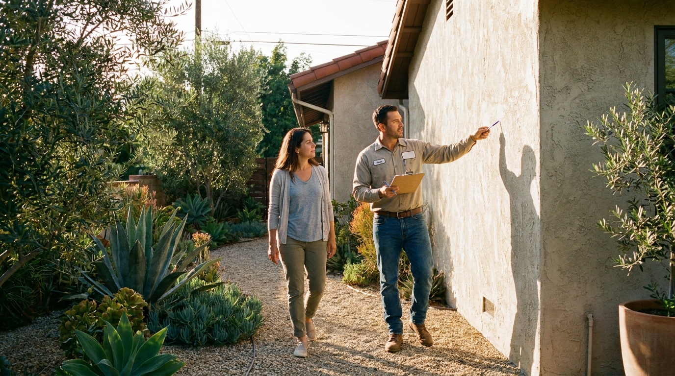 Contractor and homeowner walking Tarzana property during pre-permit site evaluation, noting existing conditions for remodel scope and LADBS submittal.