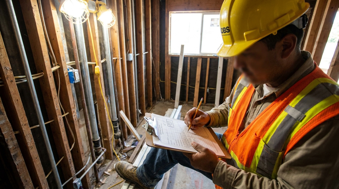 LADBS inspector signing Building Card during rough inspection of Tarzana remodel, framing and electrical visible in background.