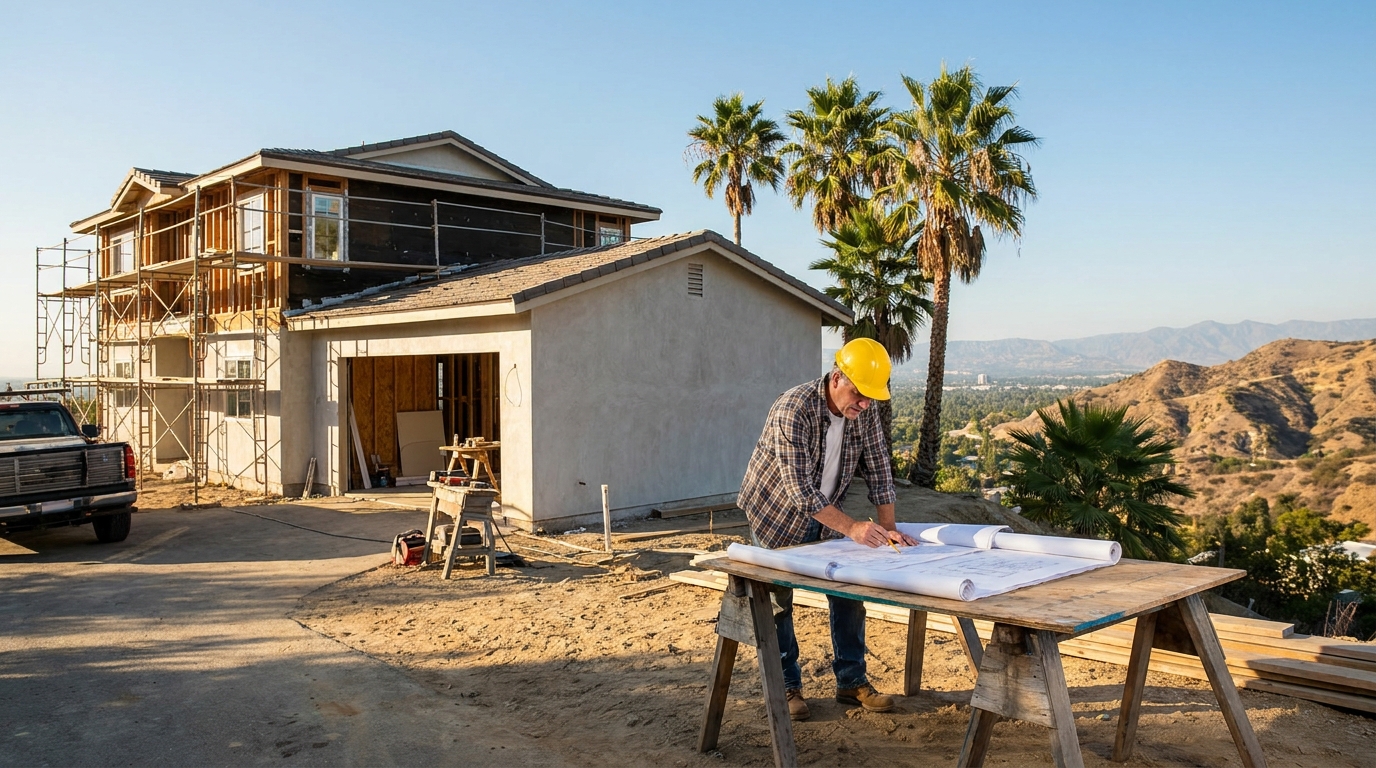 Tarzana hillside home undergoing complete remodel with contractor reviewing stamped architectural plans on site before LADBS permit submission.
