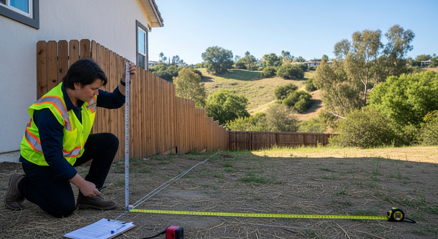 LADBS inspector measuring setbacks from property line during Woodland Hills remodeling field visit.