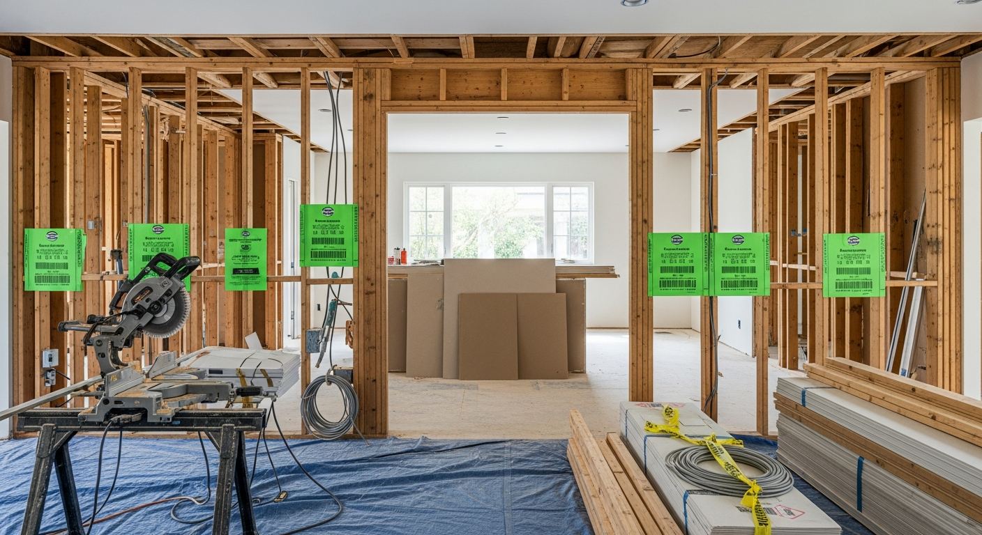 Woodland Hills kitchen remodeling in progress with framing inspection tags visible on new walls.