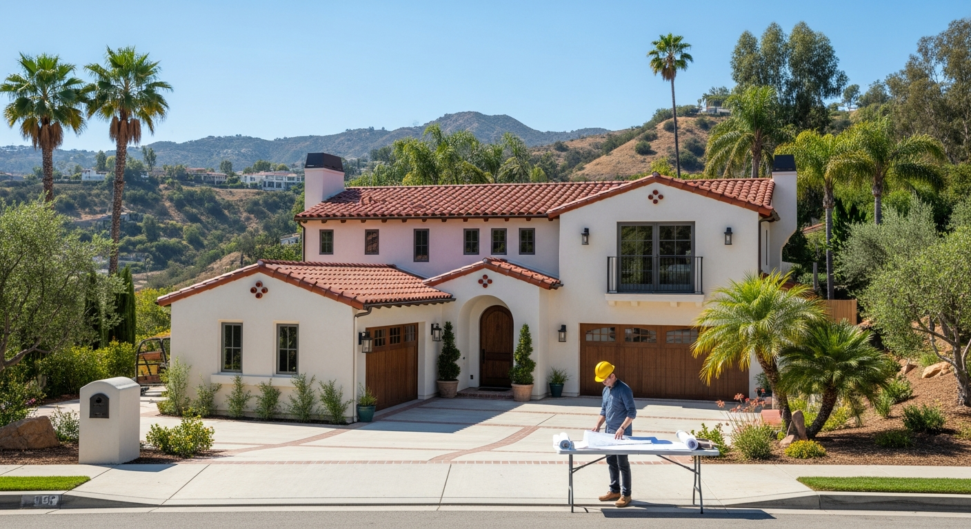 Woodland Hills hillside home undergoing complete remodeling with contractor reviewing LADBS permit plans on site.