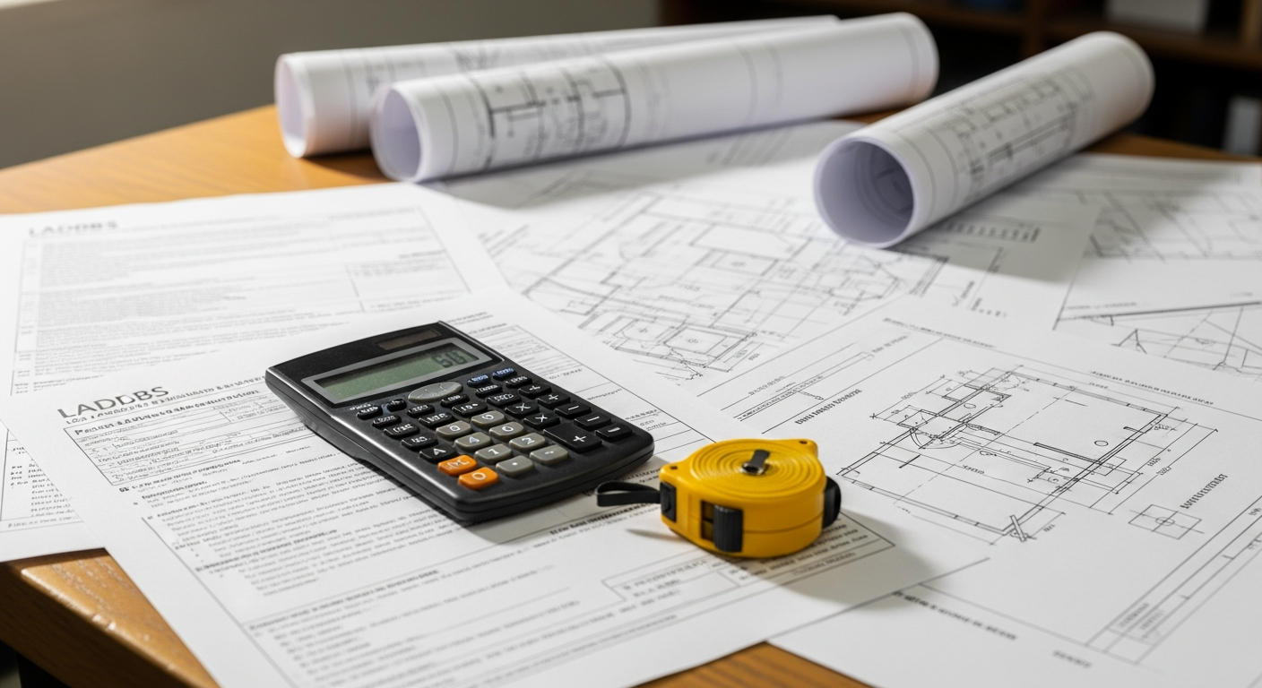 LADBS permit application documents and structural drawings spread on a contractor's desk in a Los Angeles office.