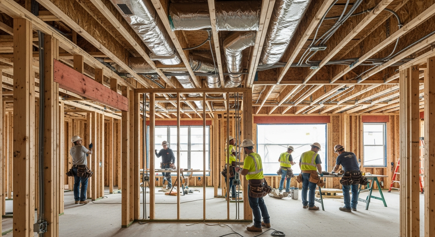 Multiple subcontractors coordinating work inside a Los Angeles home remodel, framing and electrical rough-in visible.