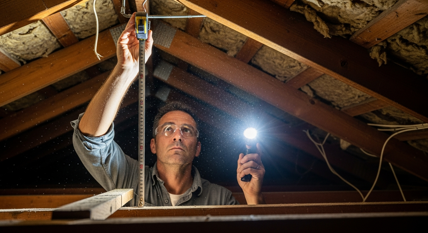 Contractor measuring existing framing in attic of older Los Angeles home during pre-construction walkthrough.