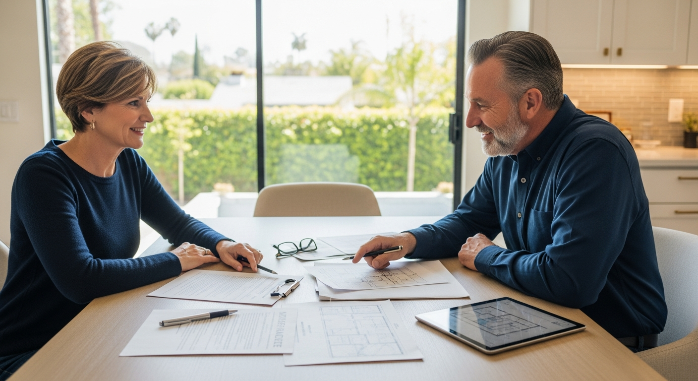 Homeowner and contractor reviewing insurance certificates and CSLB license documentation at kitchen table in Los Angeles home.