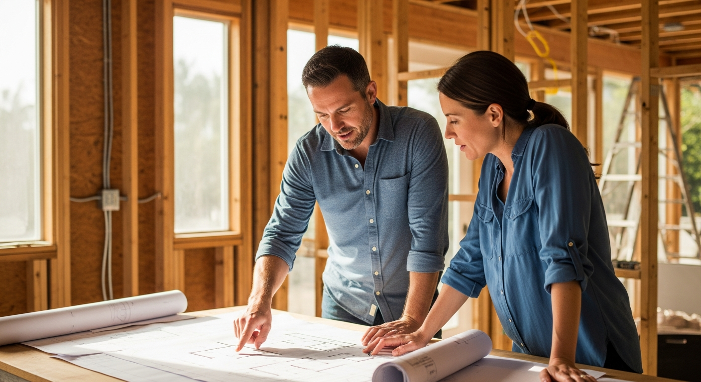 Contractor reviewing architectural plans with homeowner inside a Los Angeles home undergoing a complete remodel, natural light from large windows.