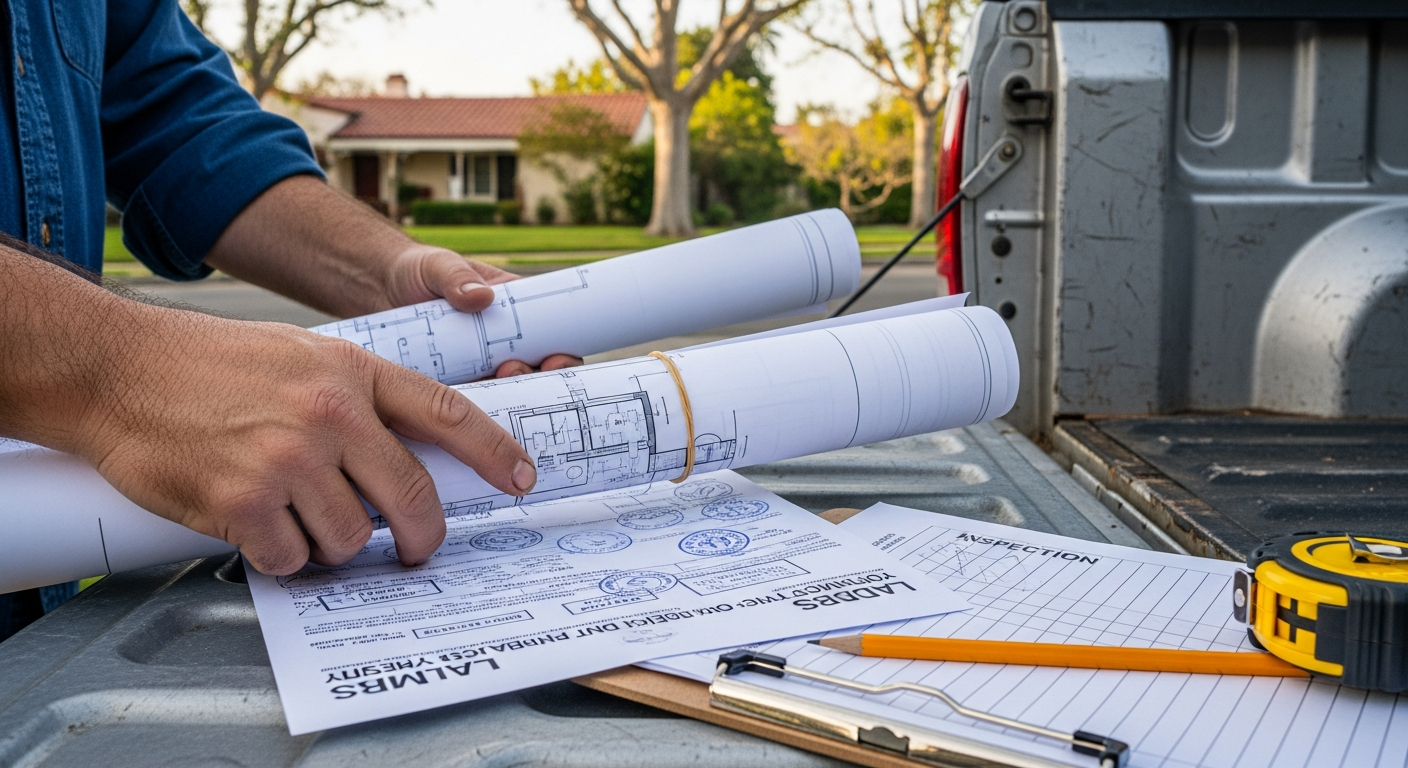 Contractor reviewing detailed blueprints and permit documents on tailgate of work truck at Encino remodel site