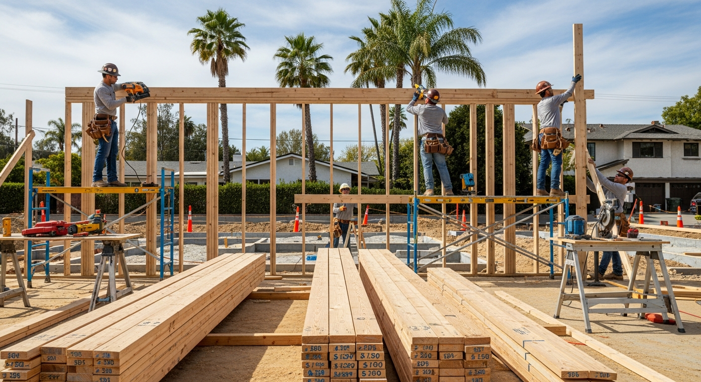 Experienced framing crew working on room addition in Encino with proper safety equipment and organized lumber staging