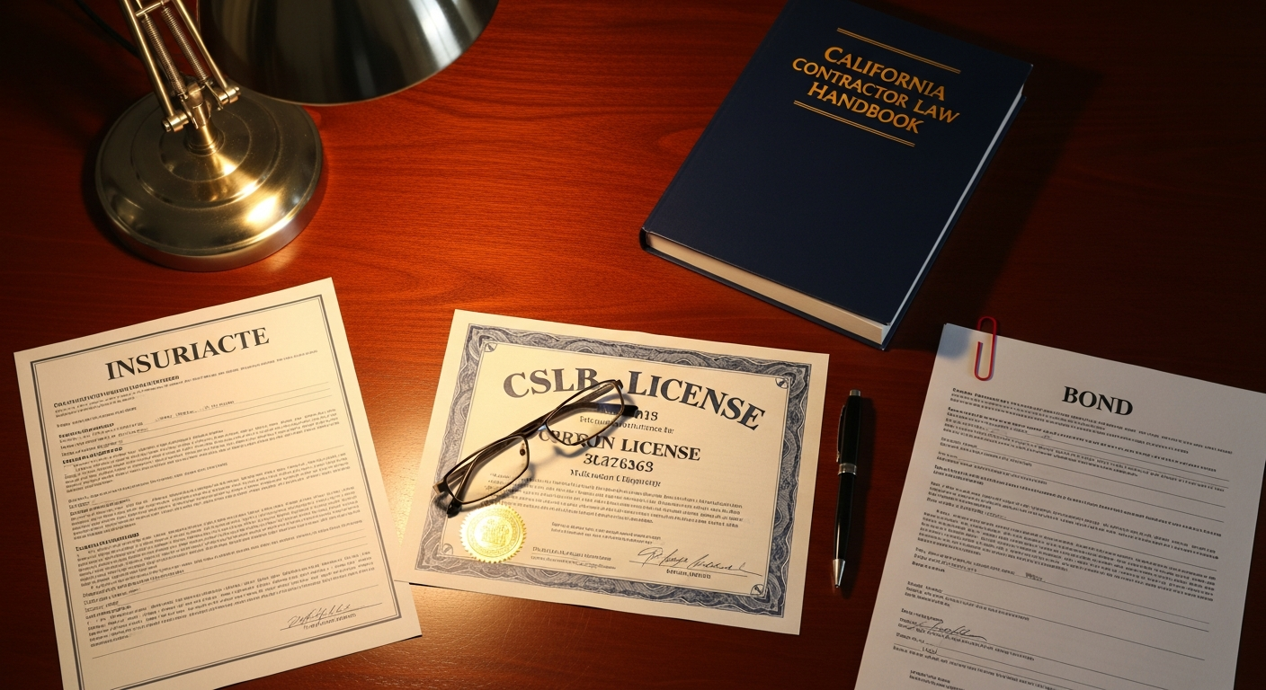 CSLB contractor license certificate and insurance documents displayed on desk with California contractor reference materials