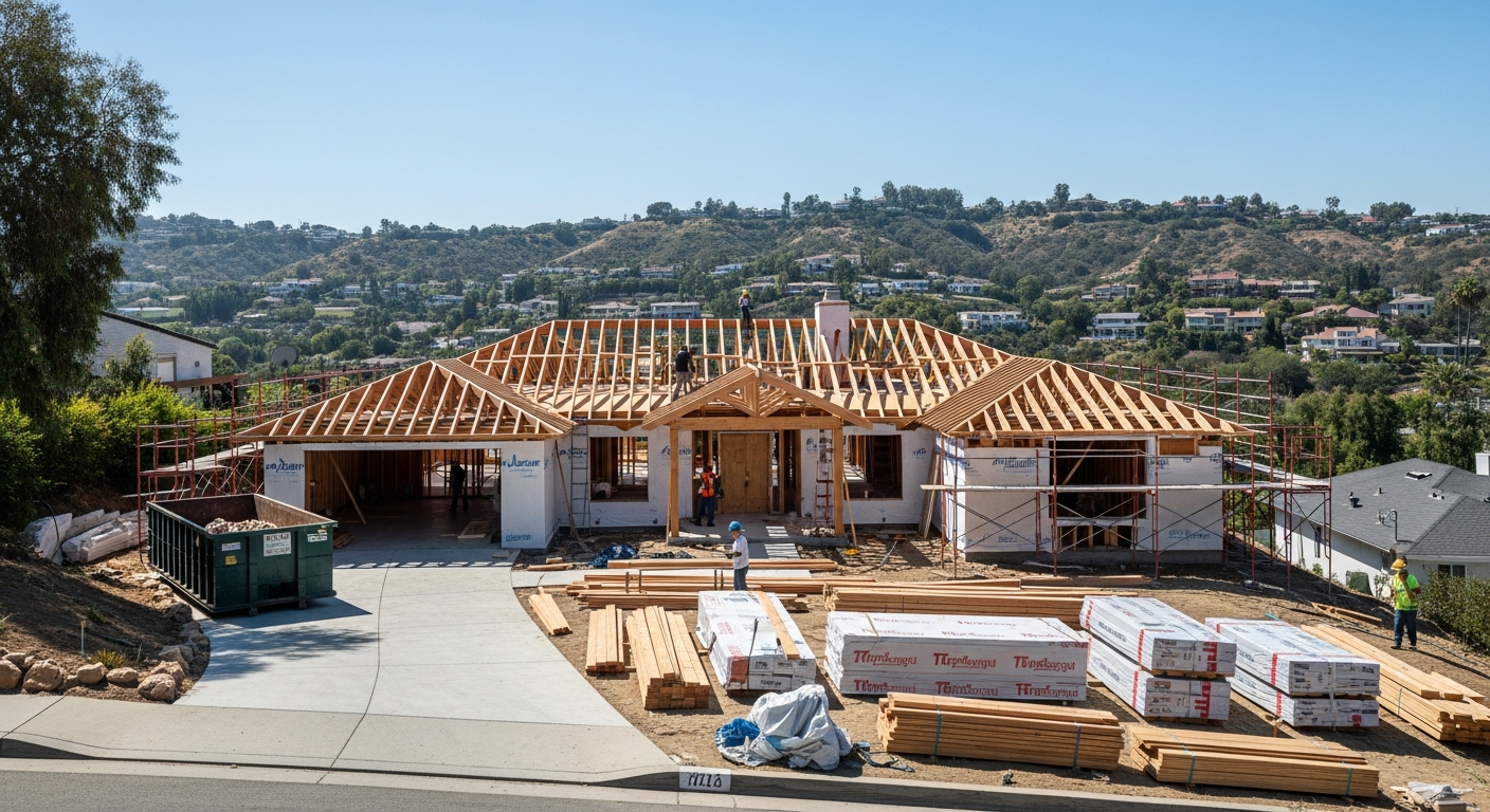 Encino hillside home undergoing complete remodeling with framing and roof work visible under clear California sky