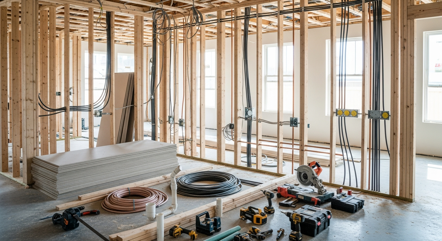 Interior of a Los Angeles home mid-remodel with walls opened to studs, exposed electrical wiring, plumbing rough-in visible, and construction materials staged on the floor.