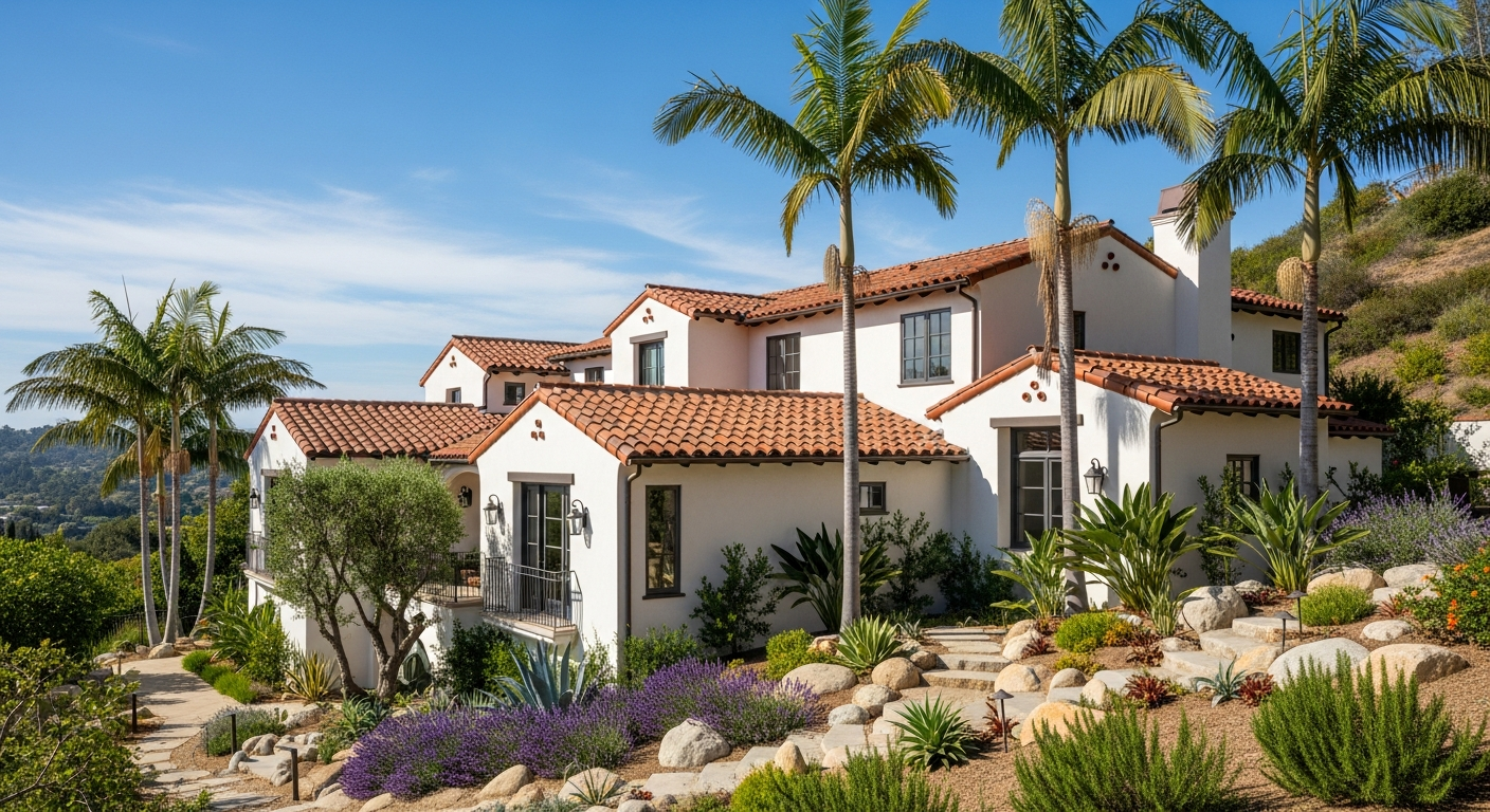 Hillside Los Angeles home exterior showing stucco facade, Spanish tile roof, and terraced landscaping with drought-tolerant plants under clear blue sky.