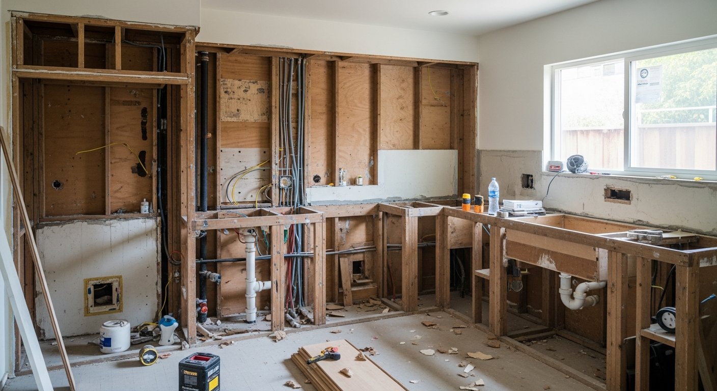 Residential kitchen in Los Angeles during remodel with cabinets removed, countertops stripped, and rough plumbing and electrical work visible in the walls.