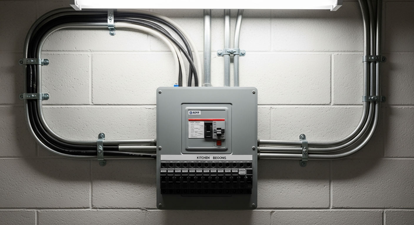 Los Angeles residential electrical panel with breakers labeled, conduit runs visible, and service entrance wiring in a garage or utility room setting.